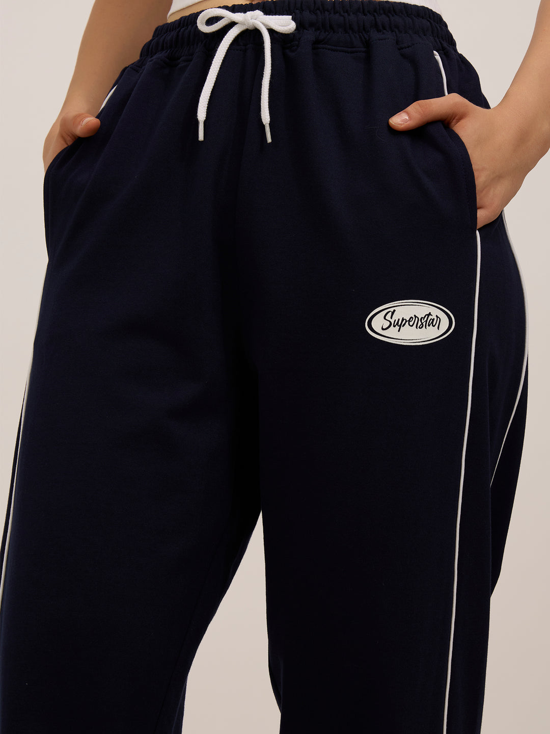 Navy Blue Side Tape Printed Sweatpants