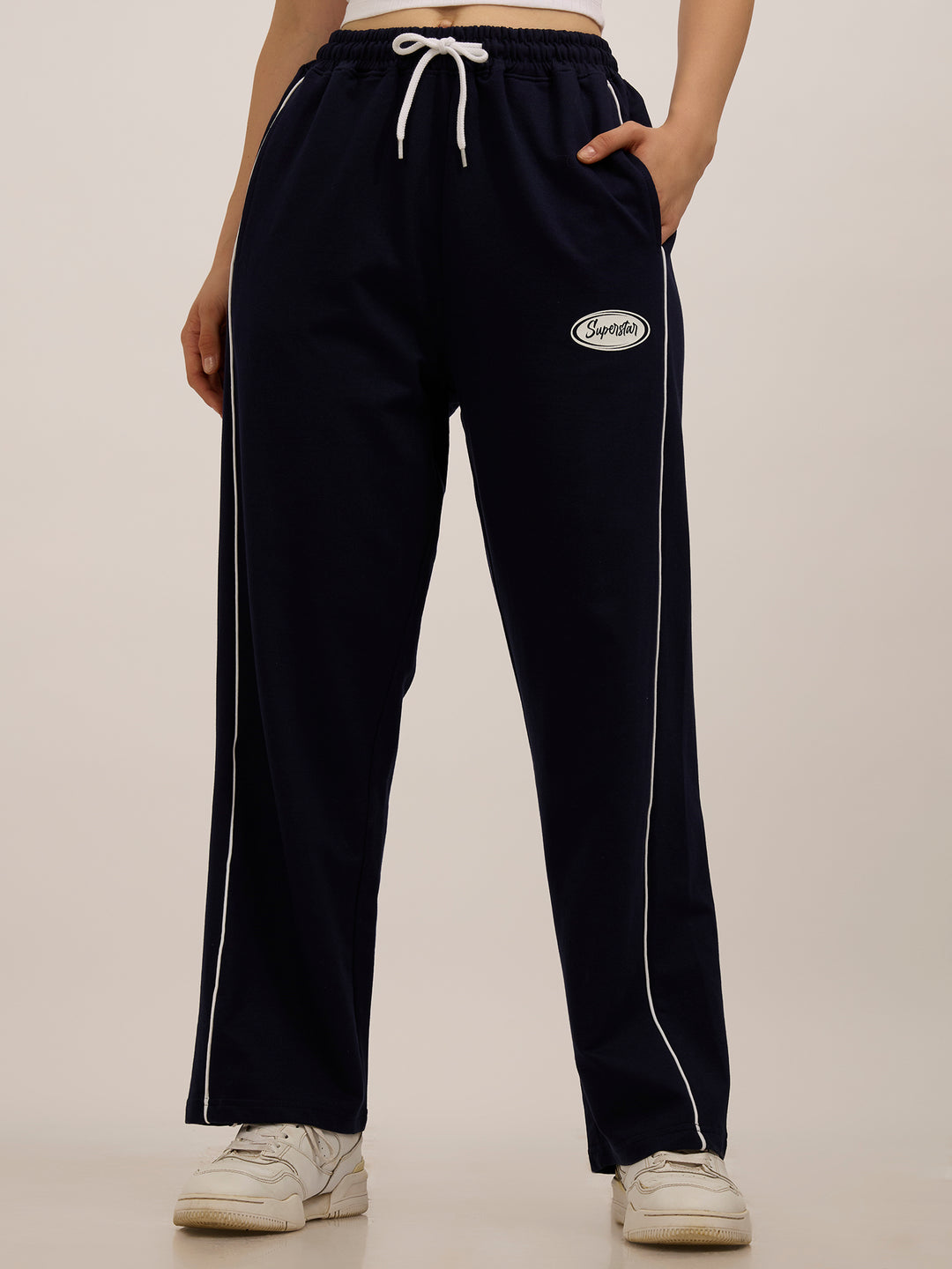 Navy Blue Side Tape Printed Sweatpants