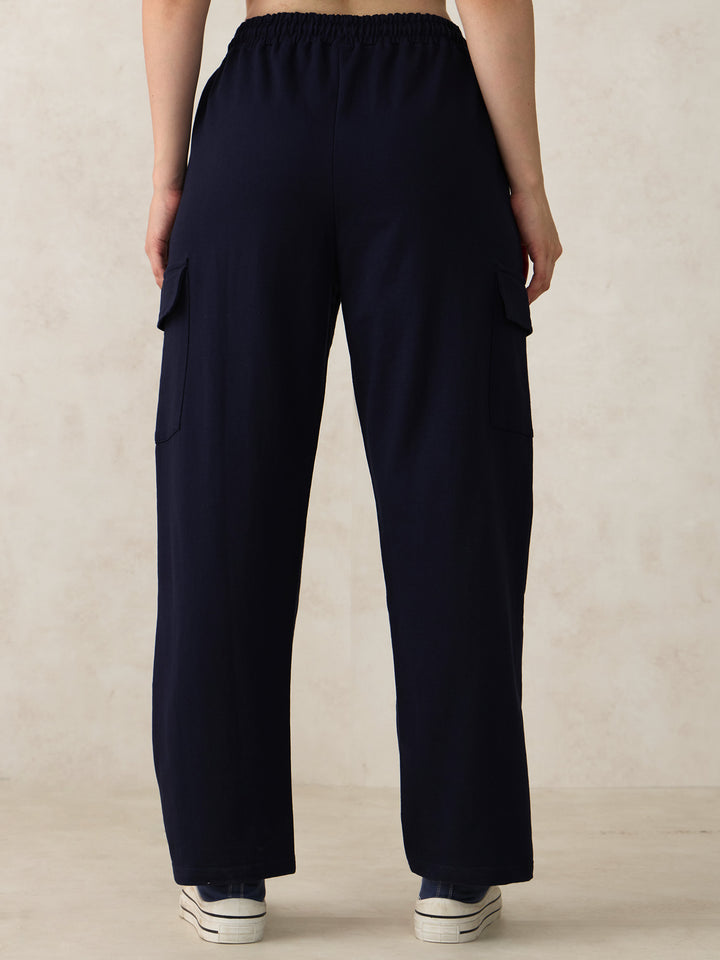 Navy Blue Cargo Pocket Wide Leg Sweatpants