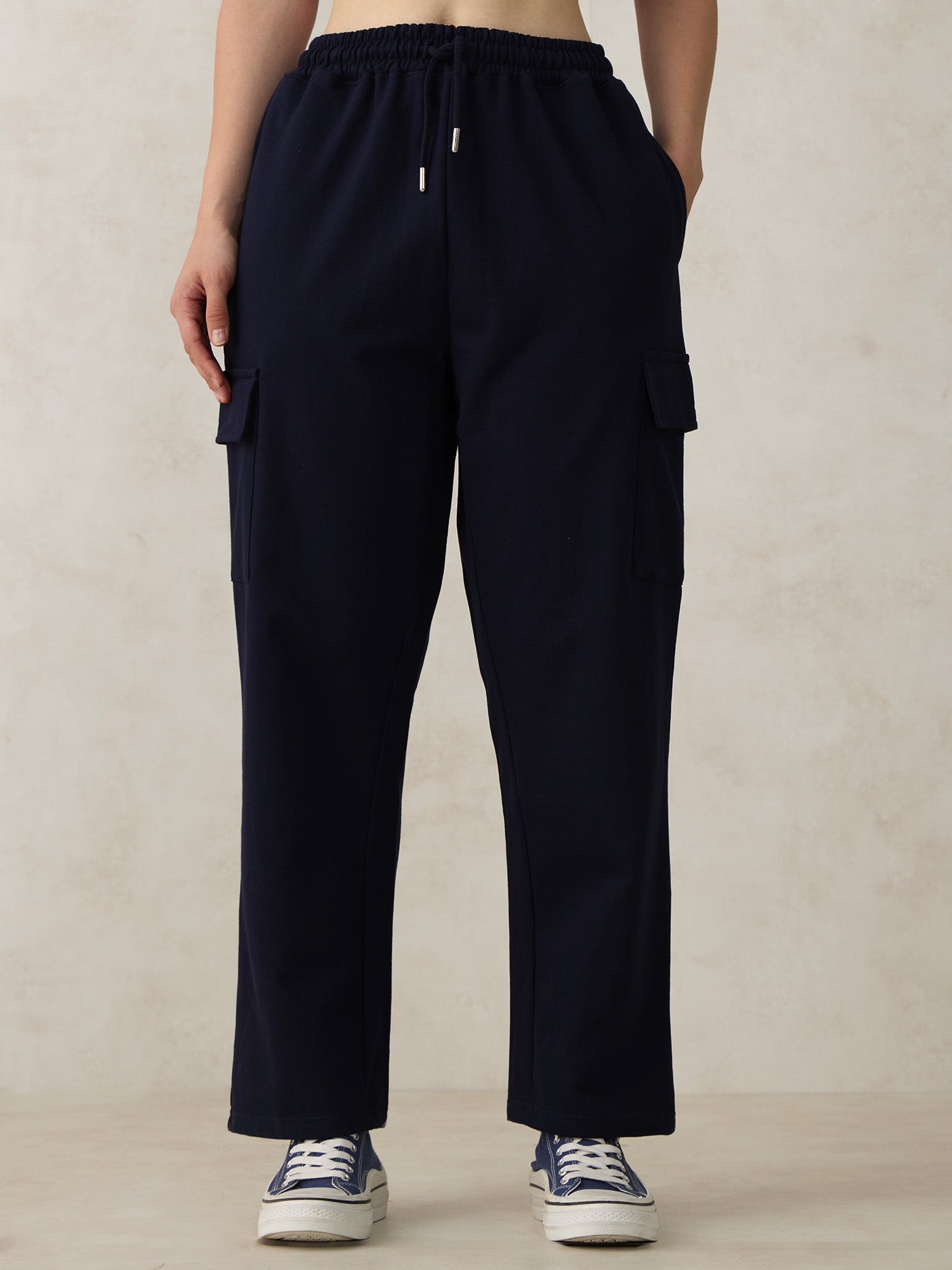Navy Blue Cargo Pocket Wide Leg Sweatpants