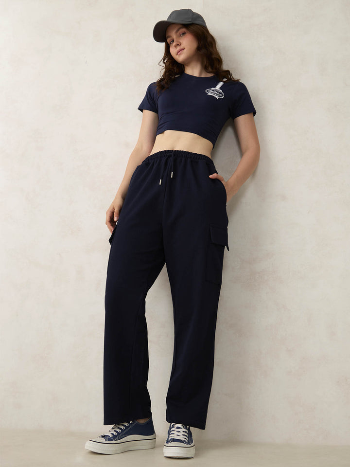 Navy Blue Cargo Pocket Wide Leg Sweatpants