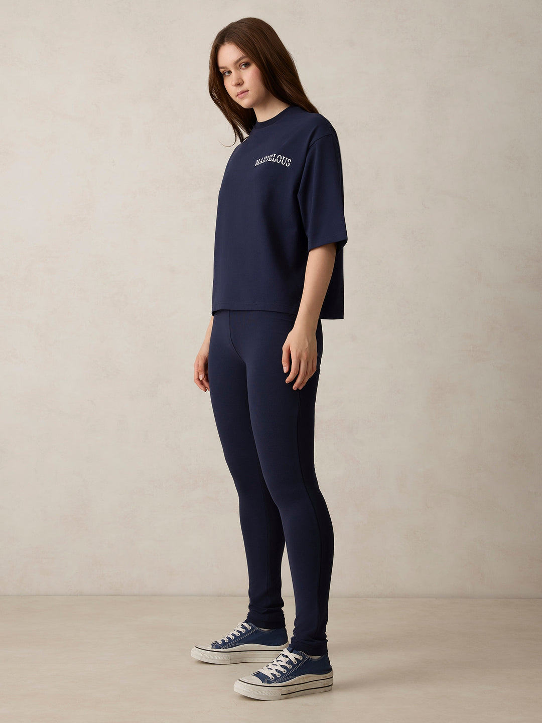 Navy Blue Placement Print T-Shirt And Fitted Bottom Co-Ord Set
