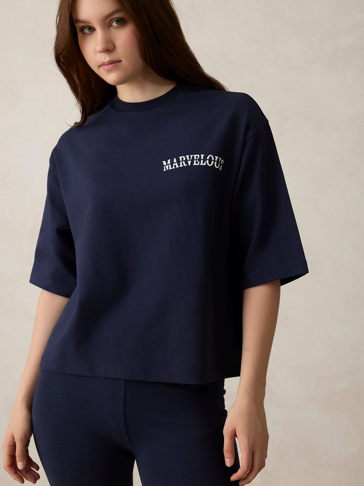 Navy Blue Placement Print T-Shirt And Fitted Bottom Co-Ord Set