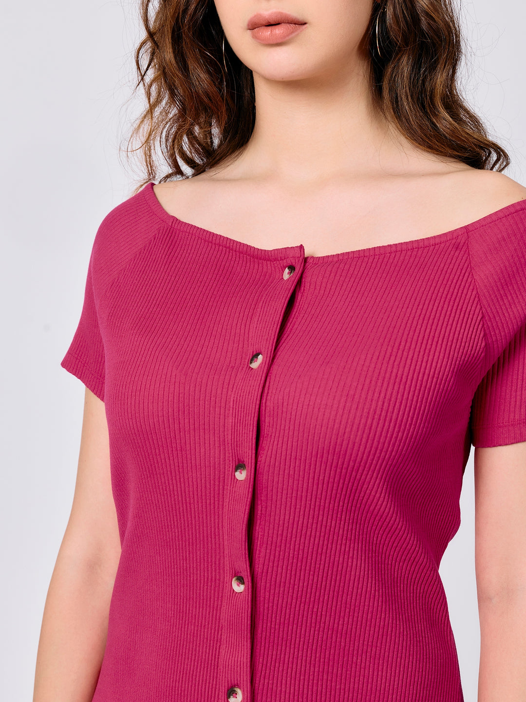 Pink Off-Shoulder Button Down Ribbed Dress
