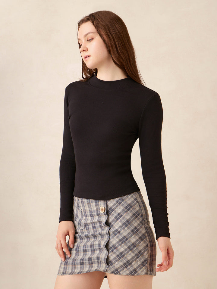Black Basic Solid Fitted Ribbed Top