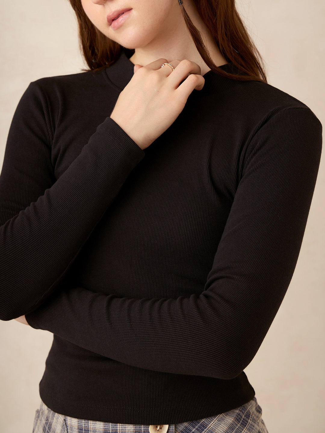 Black Basic Solid Fitted Ribbed Top
