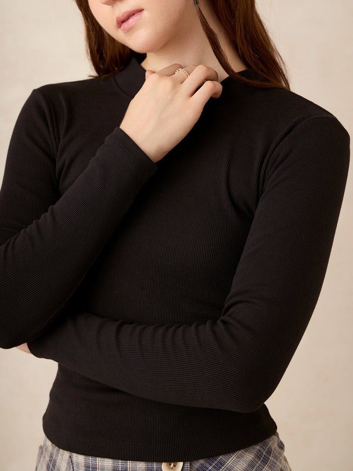 Black Basic Solid Fitted Ribbed Top