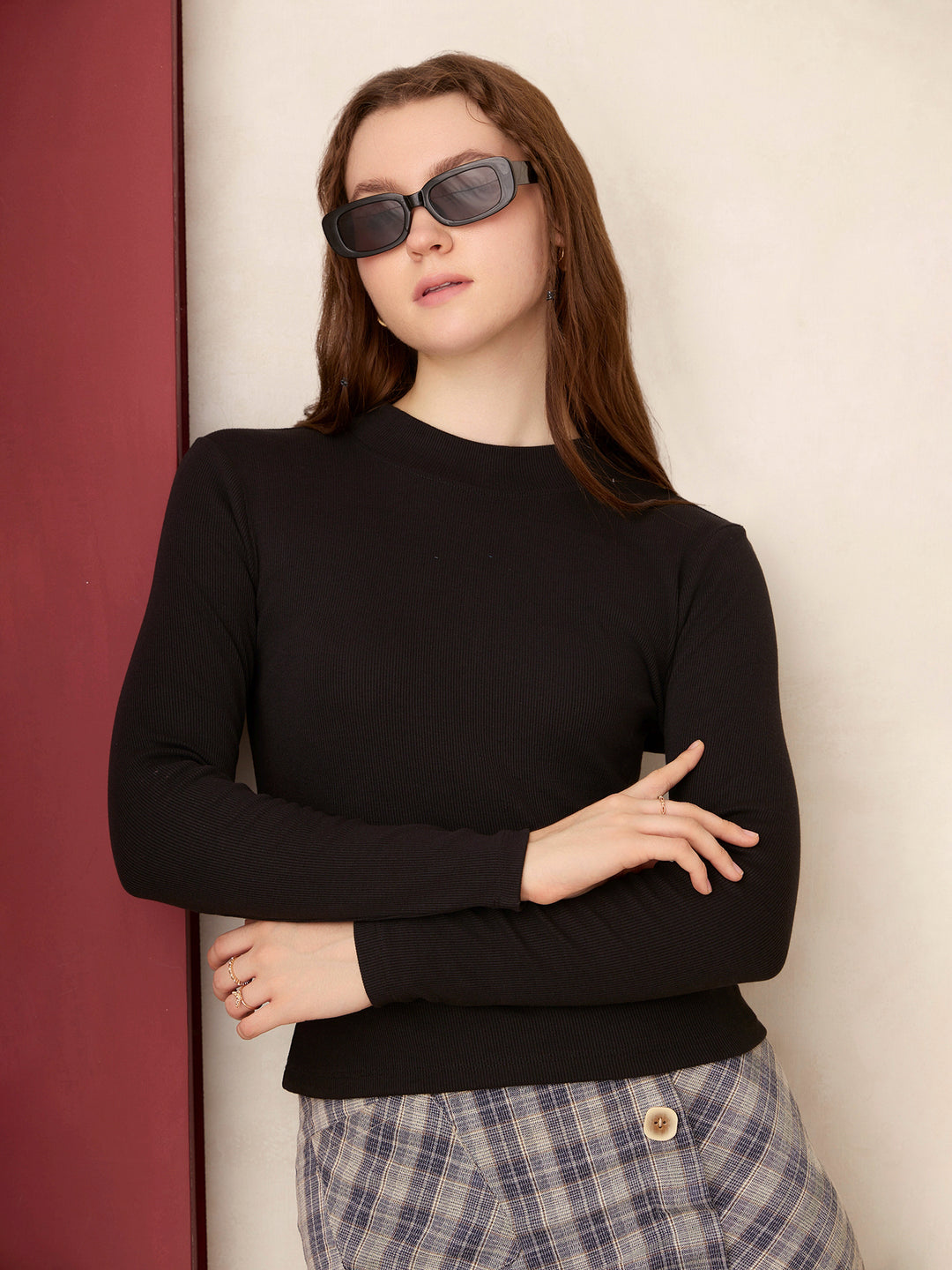 Black Basic Solid Fitted Ribbed Top