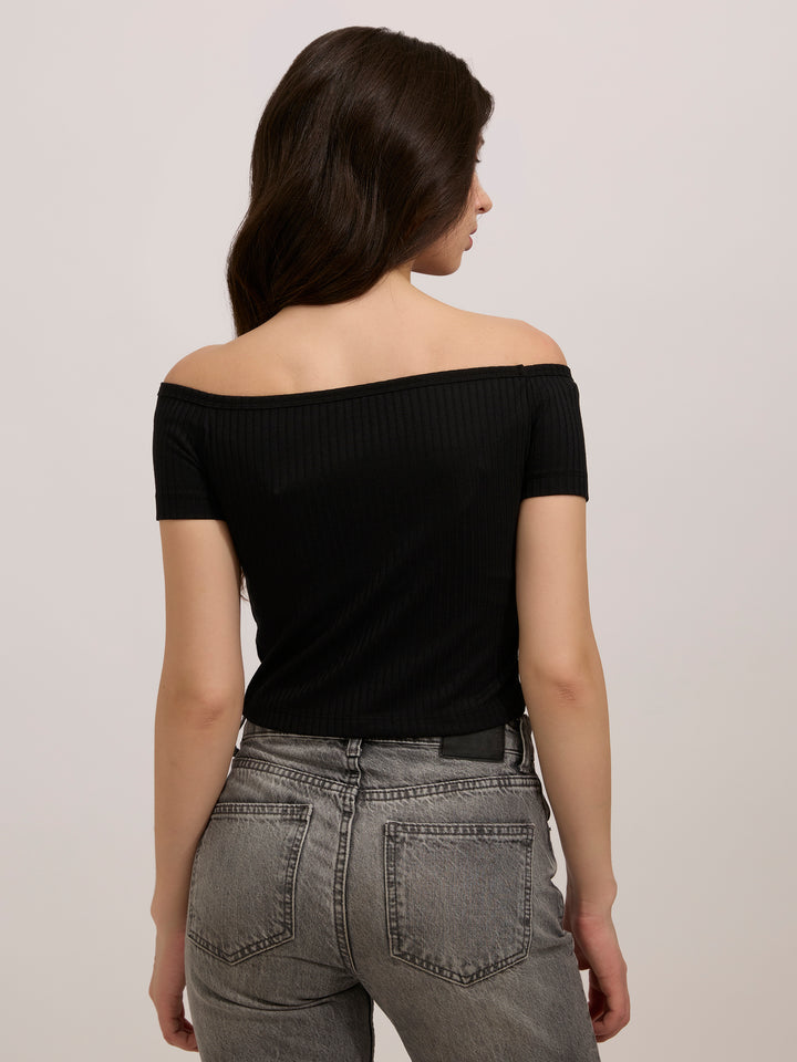 Black Off-Shoulder Ribbed Top