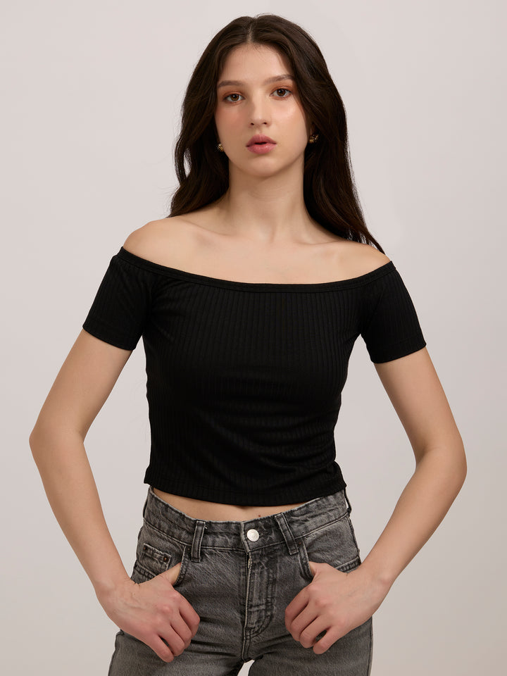 Black Off-Shoulder Ribbed Top