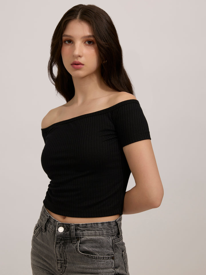 Black Off-Shoulder Ribbed Top