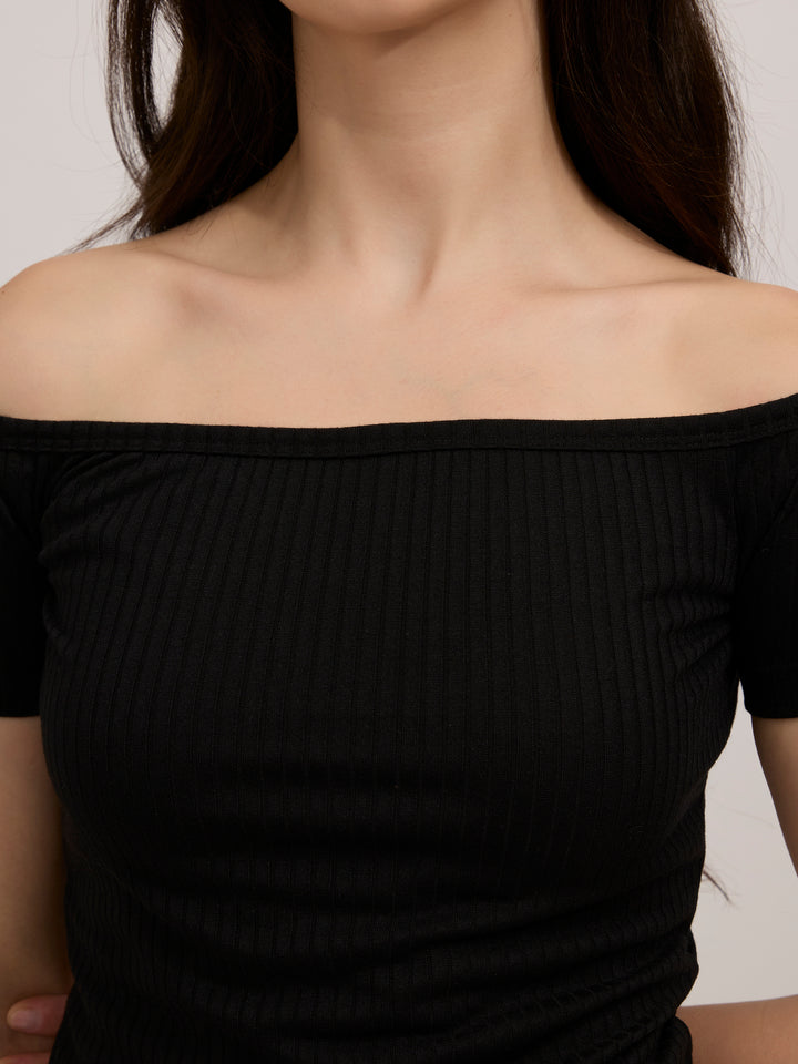 Black Off-Shoulder Ribbed Top