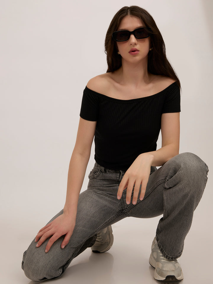 Black Off-Shoulder Ribbed Top