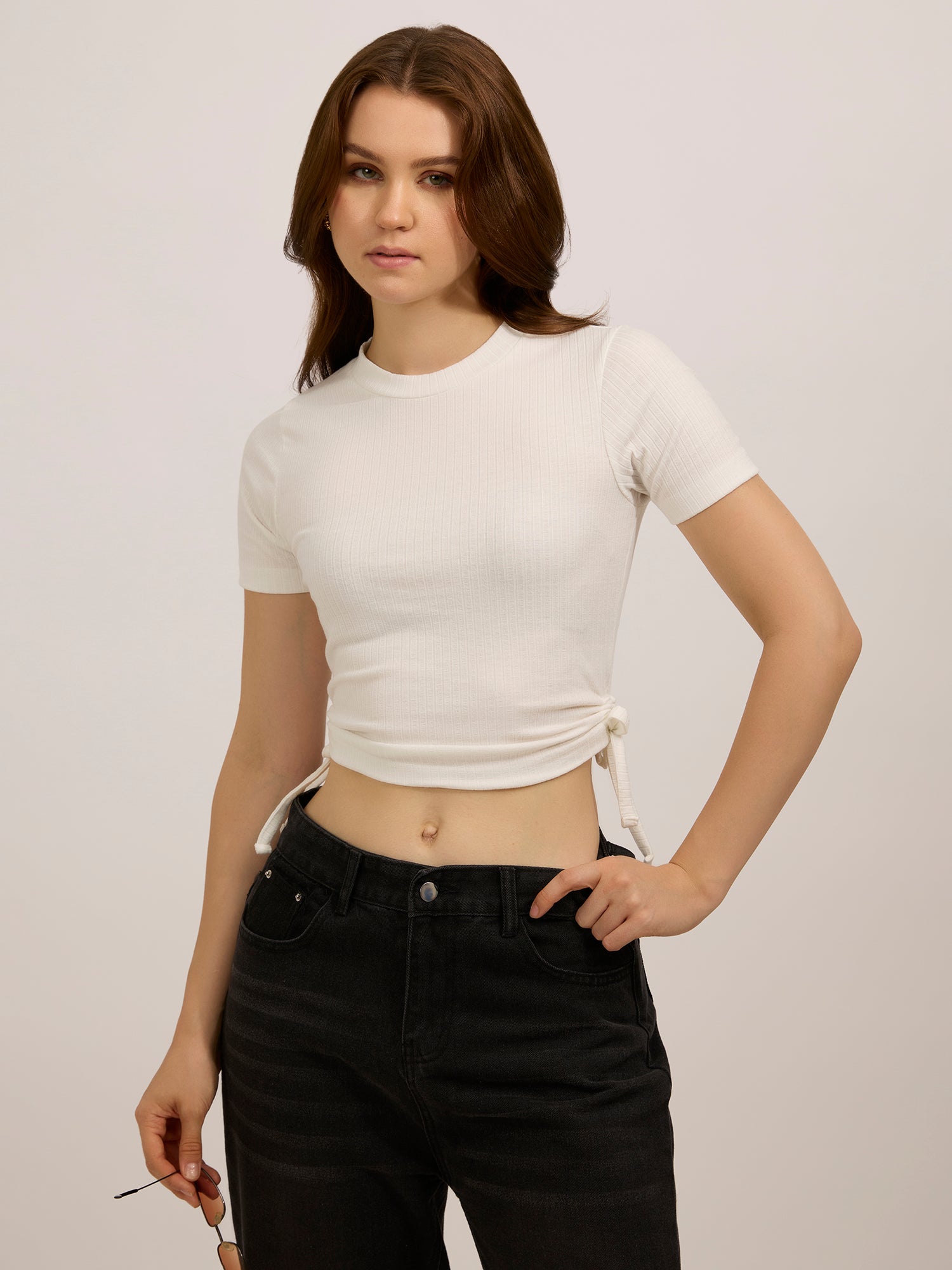 White Side Tie Up Ruched Top