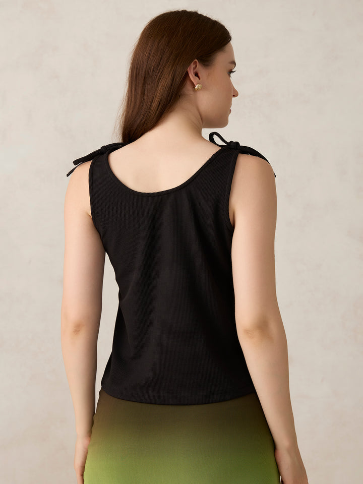 Black V Neck Bow Detailed Top