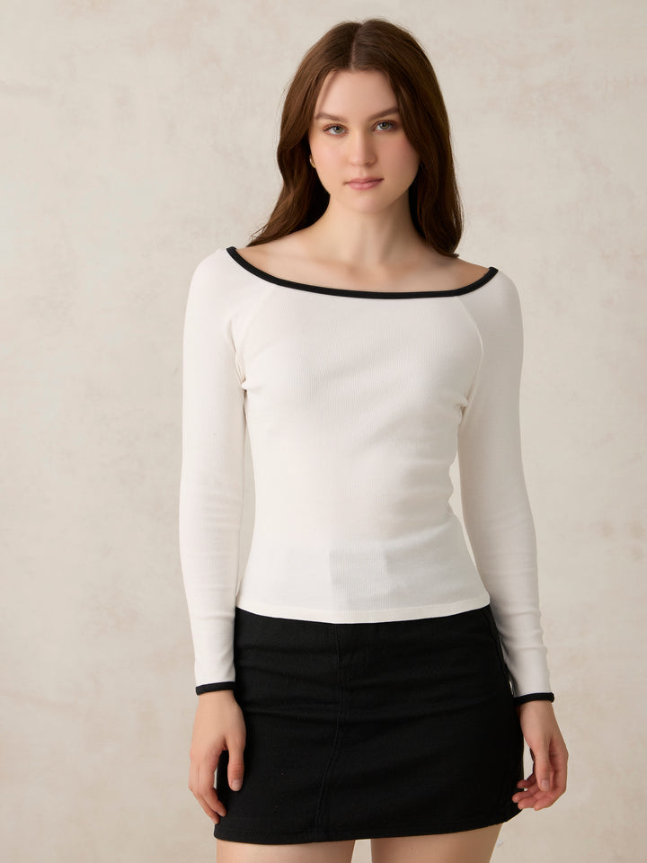 White Contrast Tipping Ribbed Knit Top