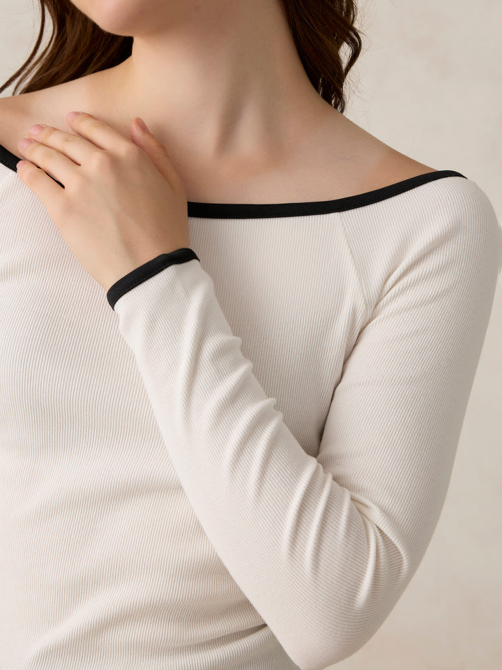 White Contrast Tipping Ribbed Knit Top
