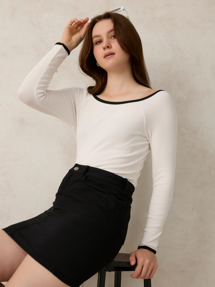 White Contrast Tipping Ribbed Knit Top