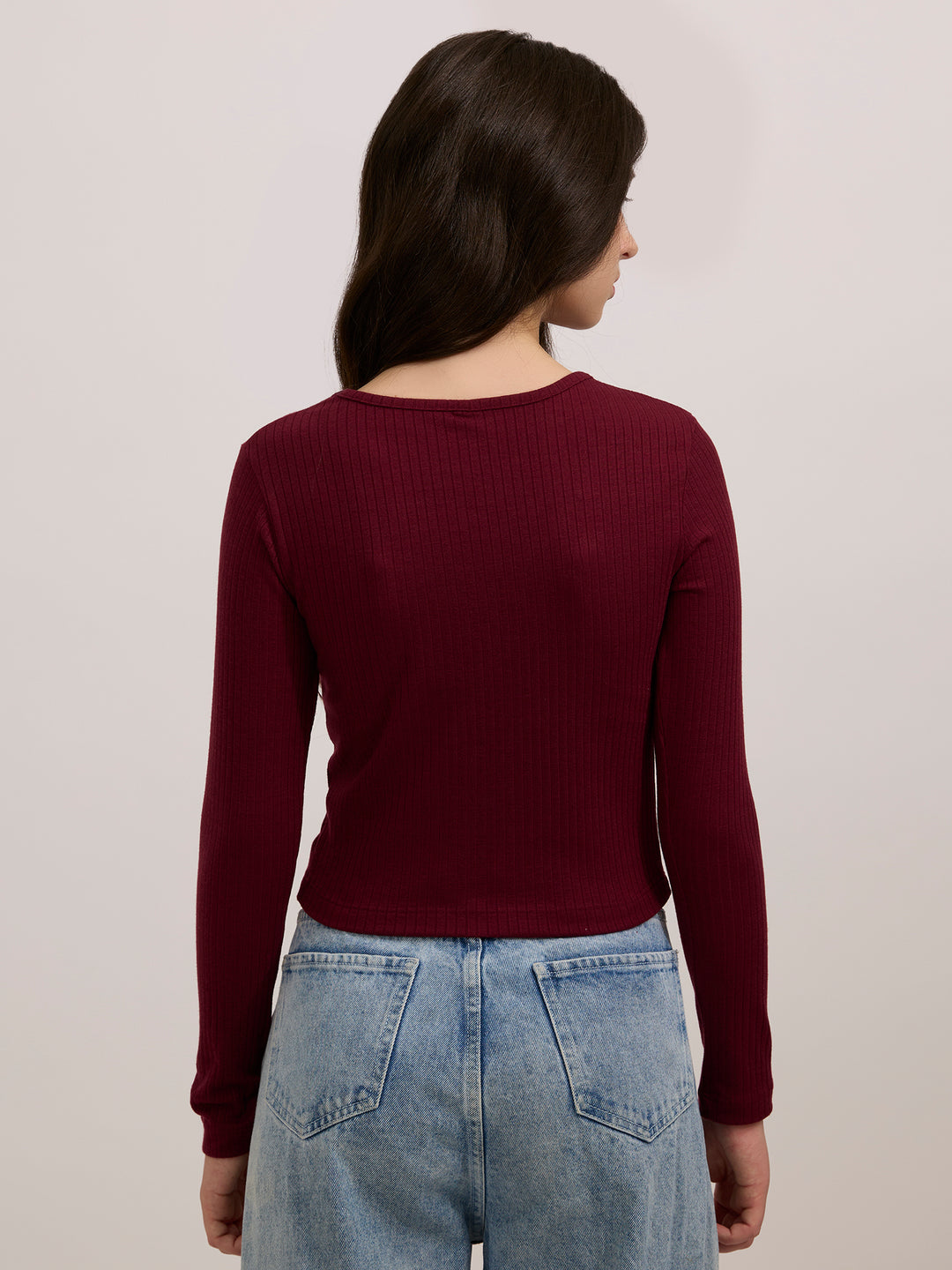 Maroon Scoop Neck Button Down Ribbed Top