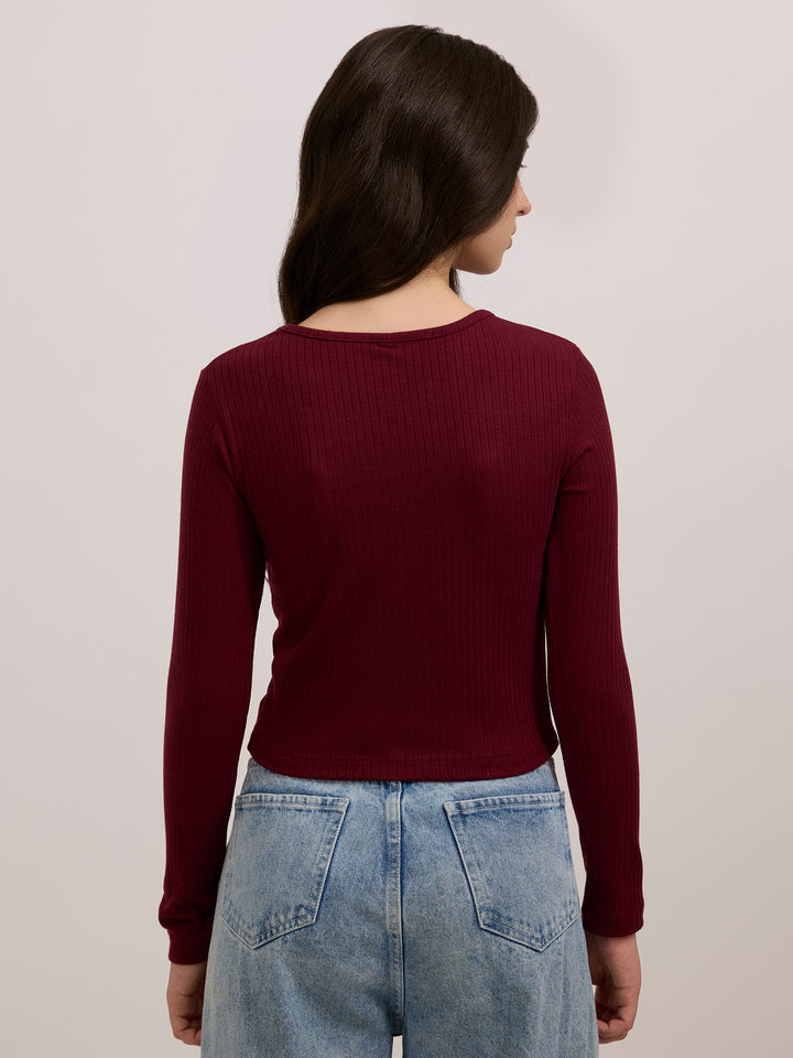 Maroon Scoop Neck Button Down Ribbed Top