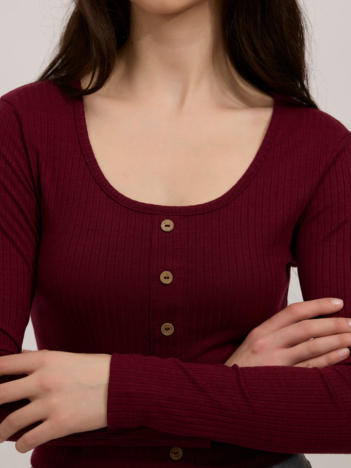 Maroon Scoop Neck Button Down Ribbed Top
