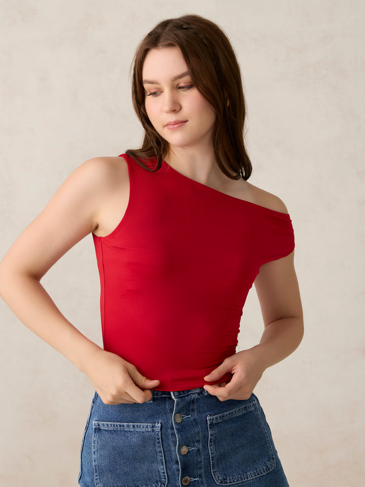 Red Off-Shoulder Solid Knit Top