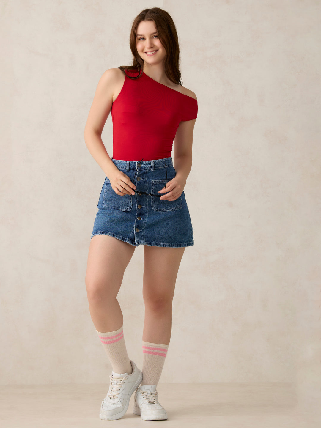Red Off-Shoulder Solid Knit Top