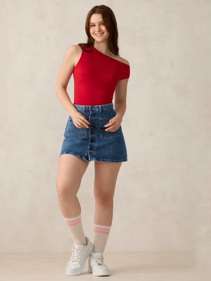 Red Off-Shoulder Solid Knit Top