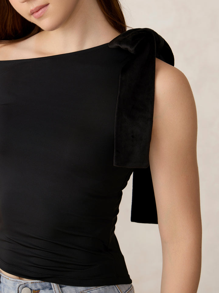 Black Bow Tie Up Knit Top