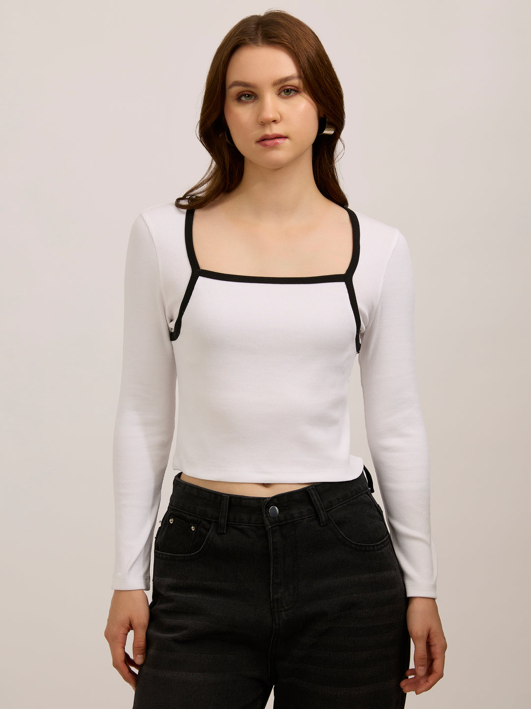 White Contrast Rib Knit Top