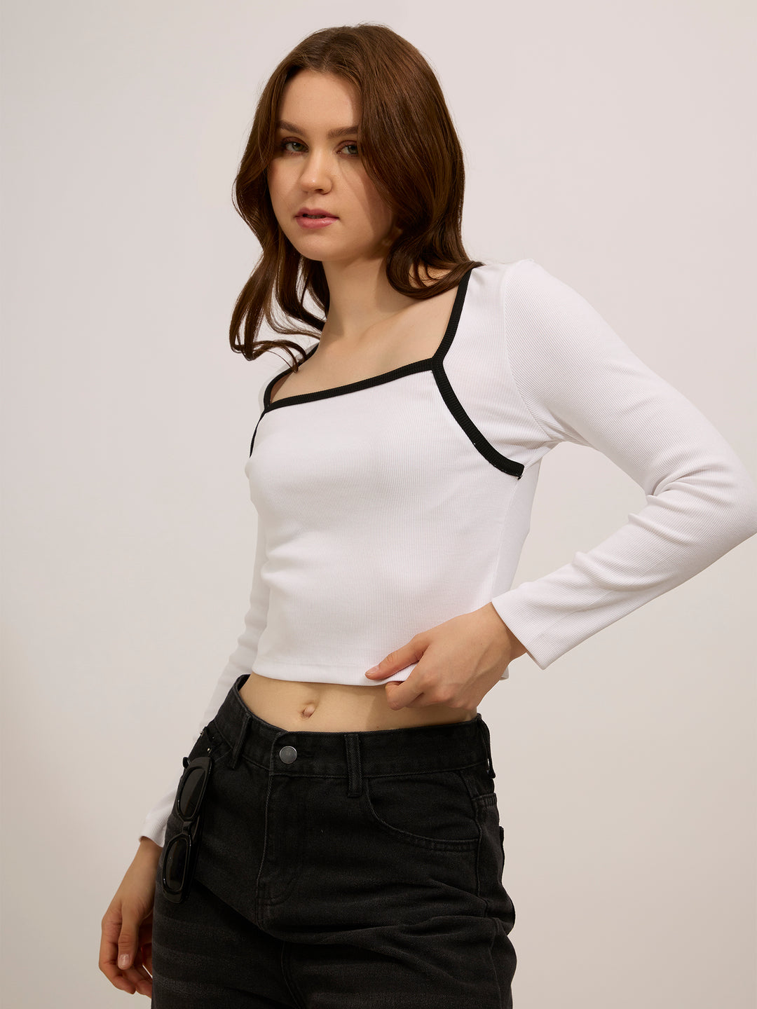 White Contrast Rib Knit Top