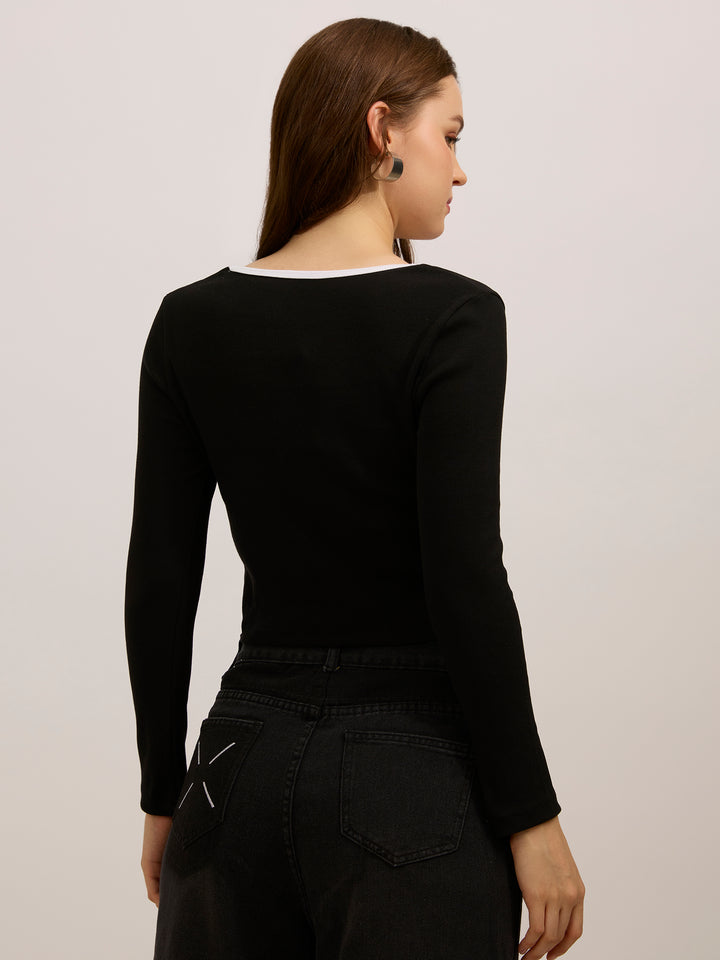 Black Contrast Rib Knit Top