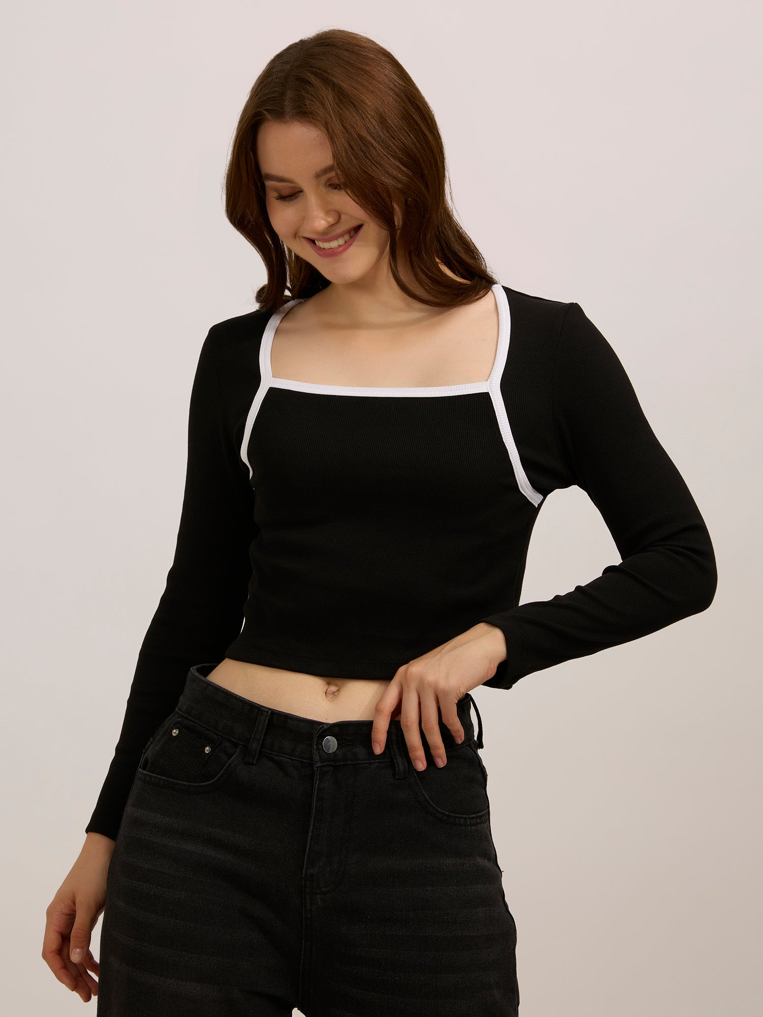 Black Contrast Rib Knit Top