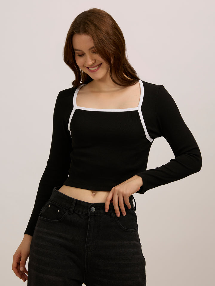 Black Contrast Rib Knit Top