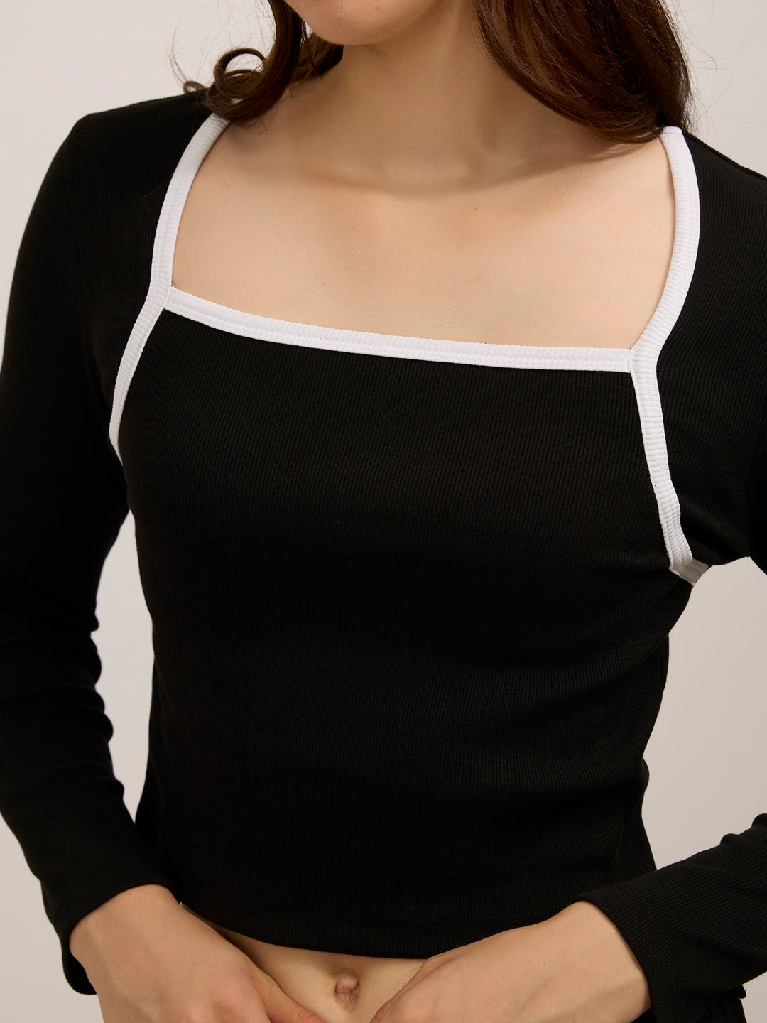 Black Contrast Rib Knit Top