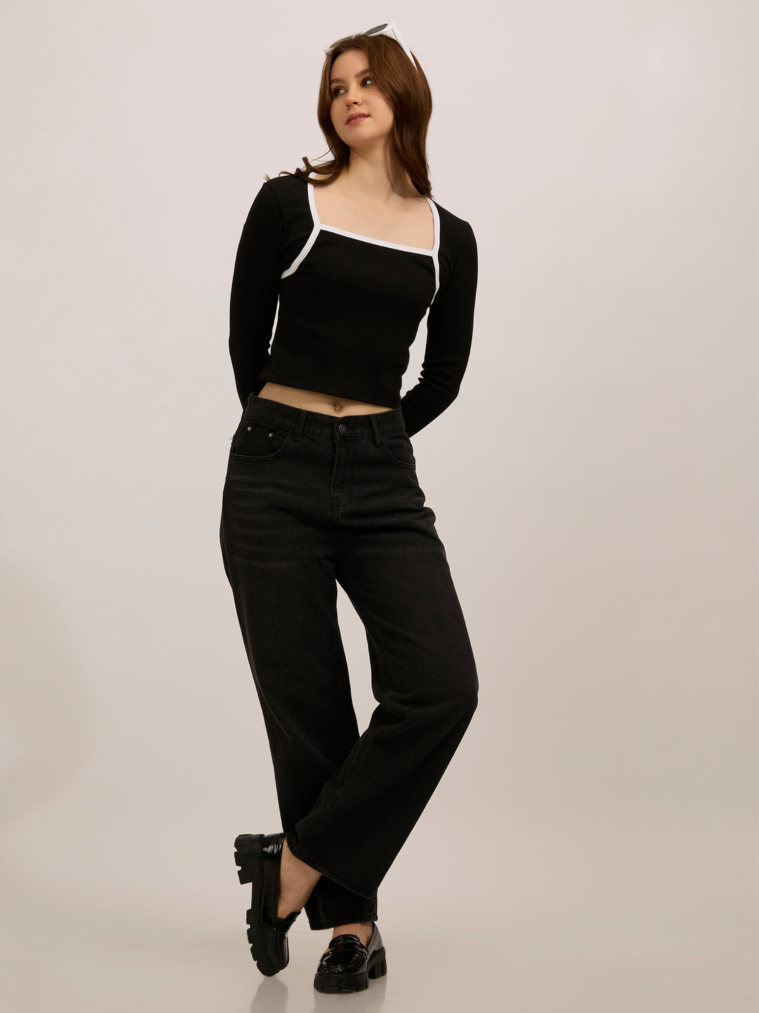 Black Contrast Rib Knit Top