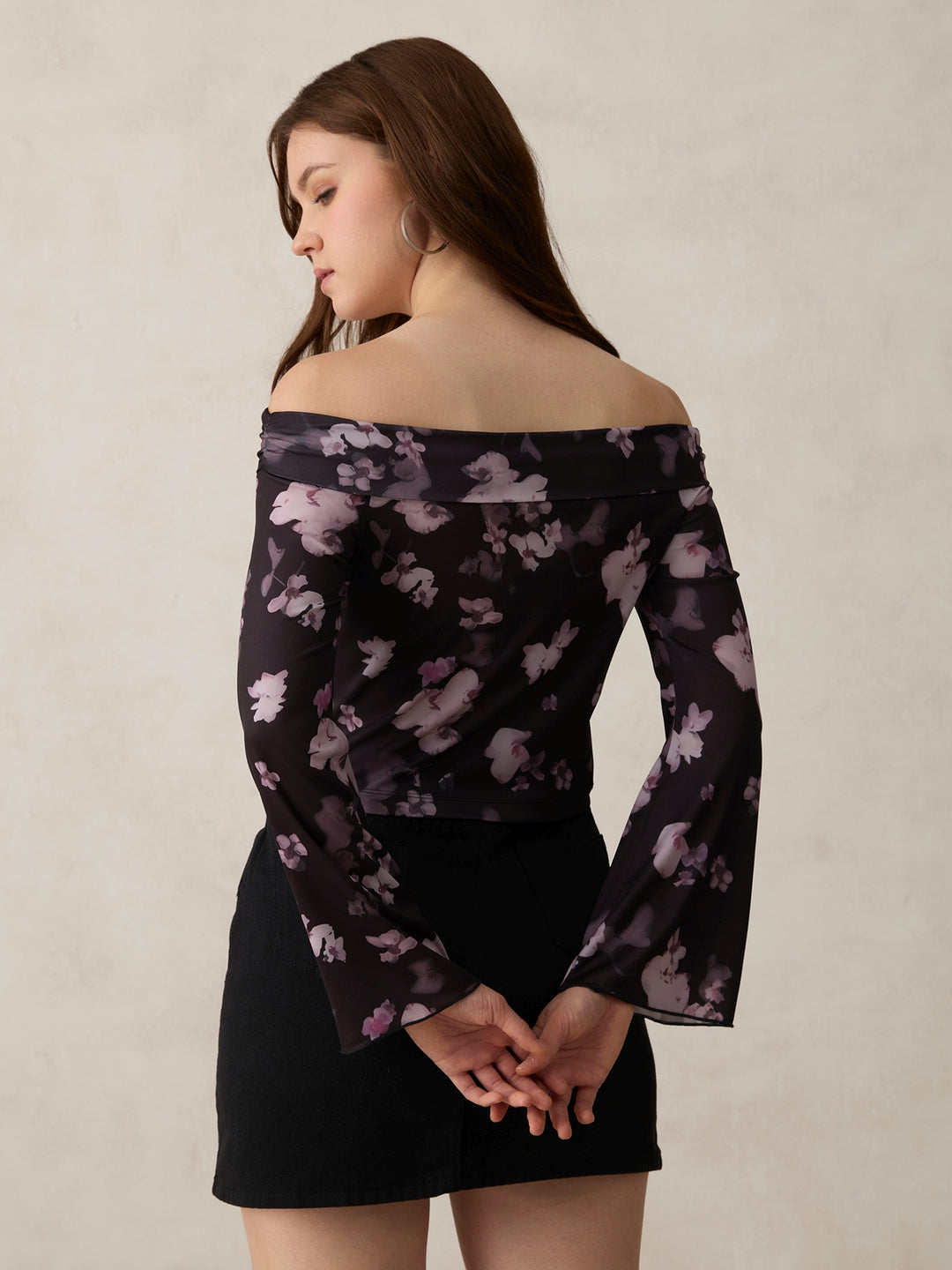 Black Printed Off Shoulder Knit Top