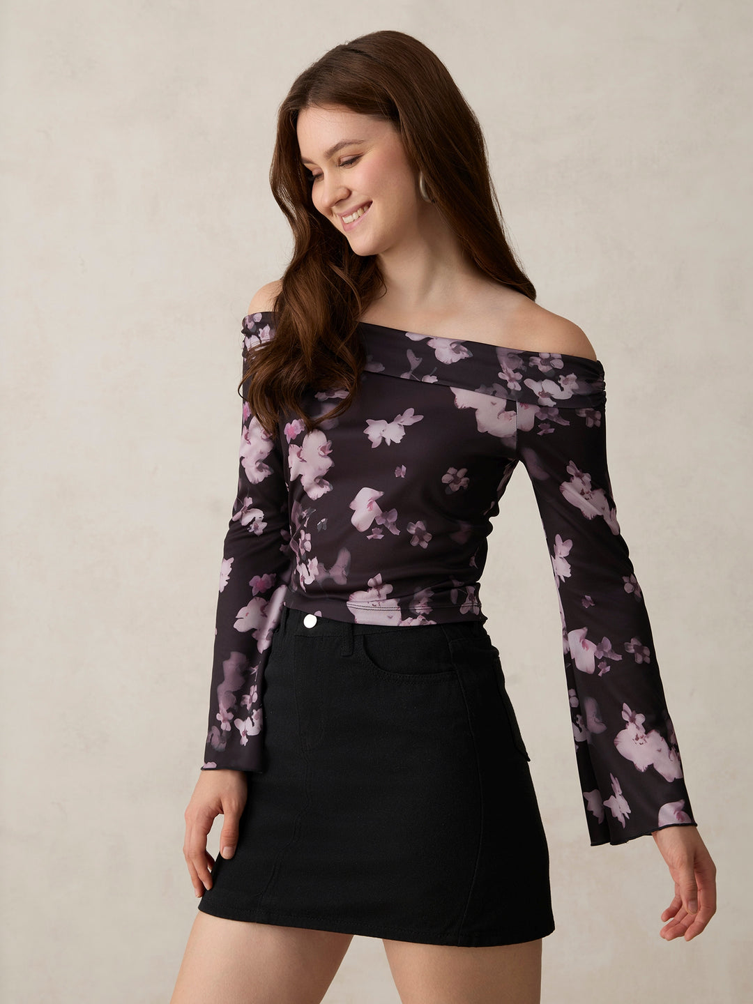 Black Printed Off Shoulder Knit Top