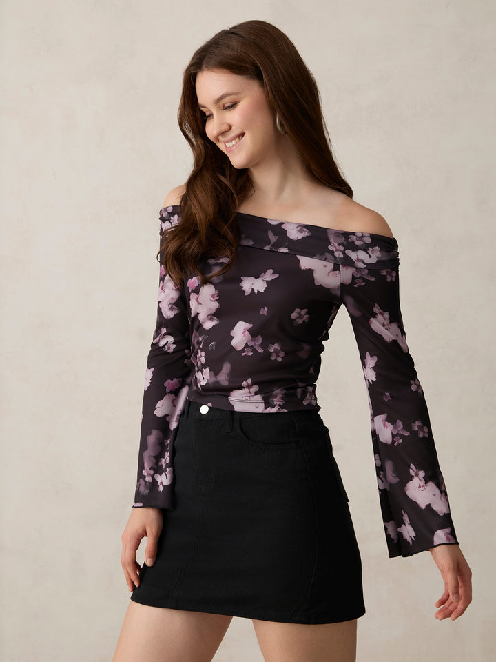 Black Printed Off Shoulder Knit Top