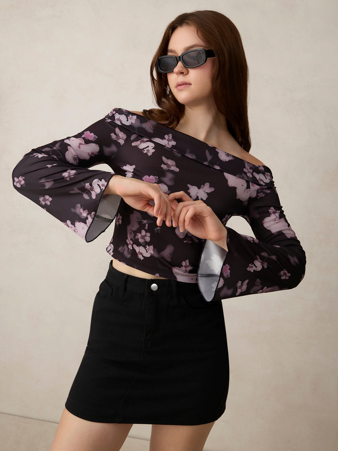 Black Printed Off Shoulder Knit Top