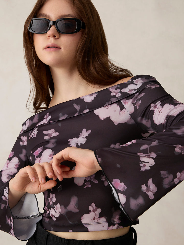 Black Printed Off Shoulder Knit Top