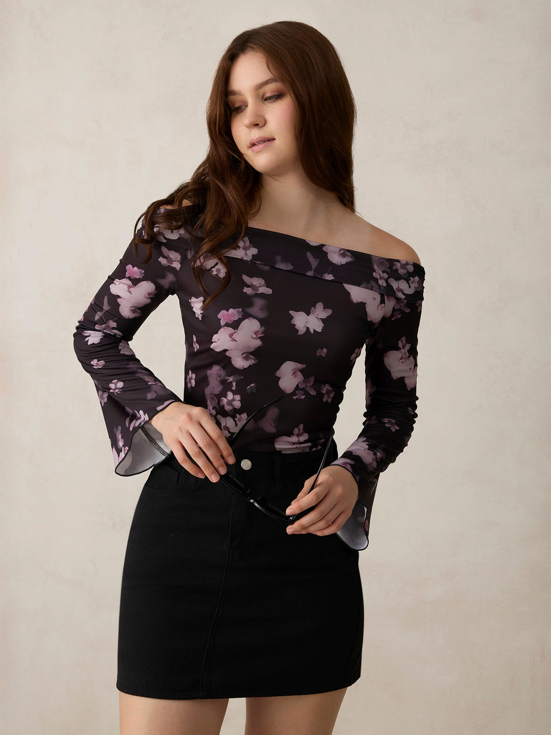 Black Printed Off Shoulder Knit Top