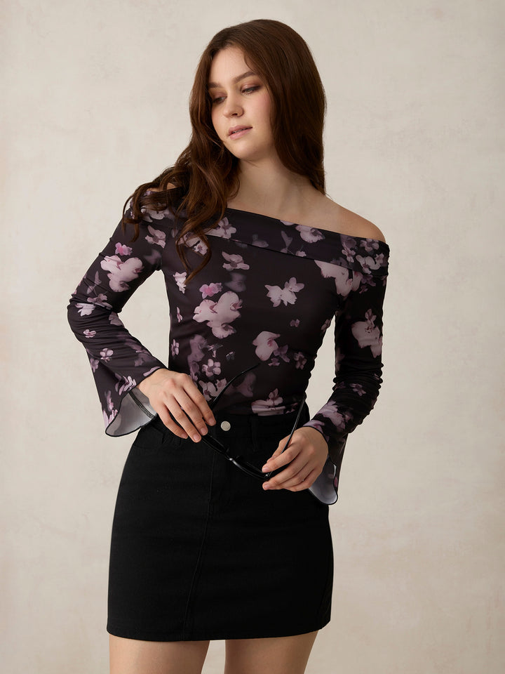 Black Printed Off Shoulder Knit Top