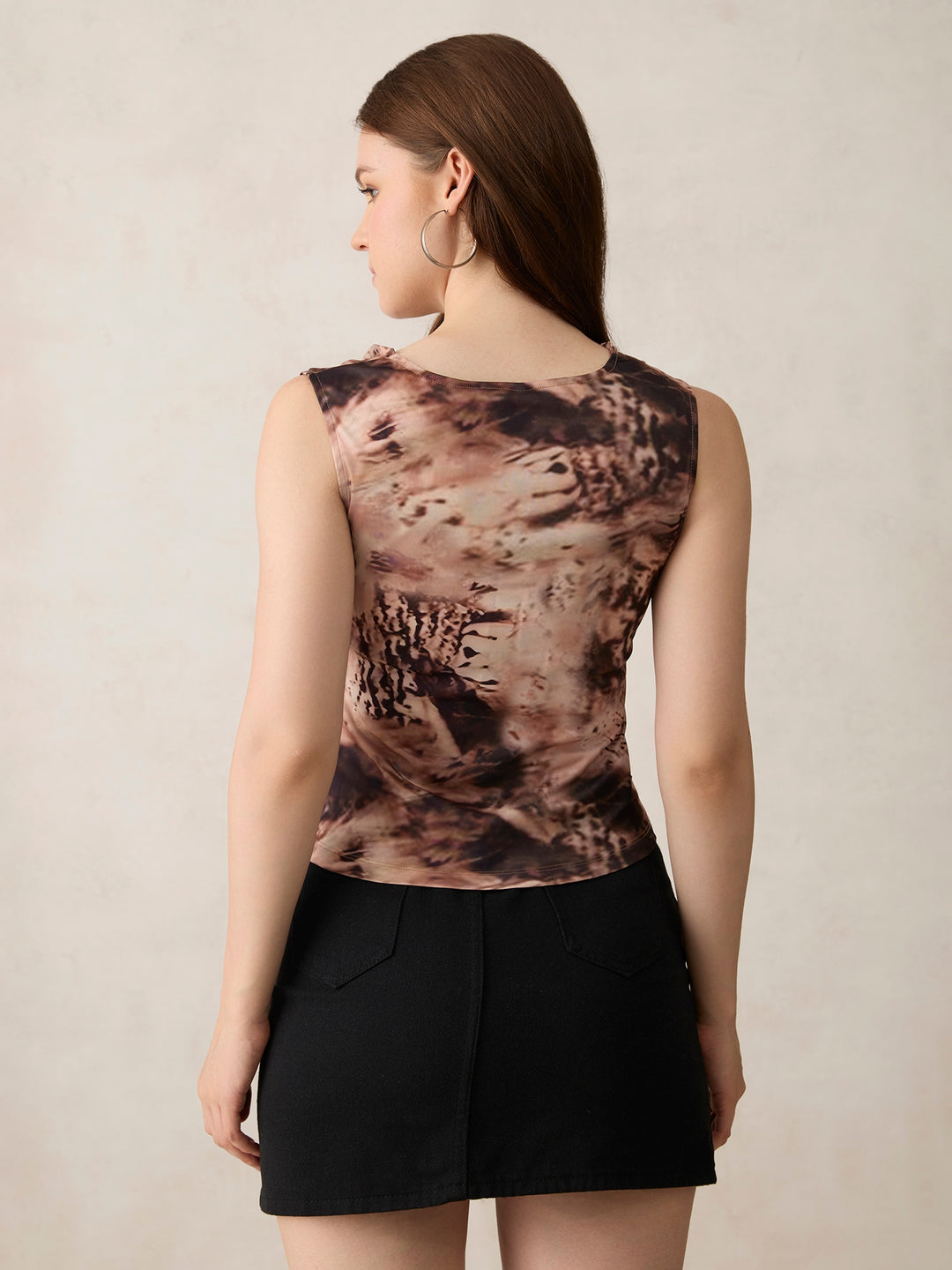 Brown Printed Sleeveless Top