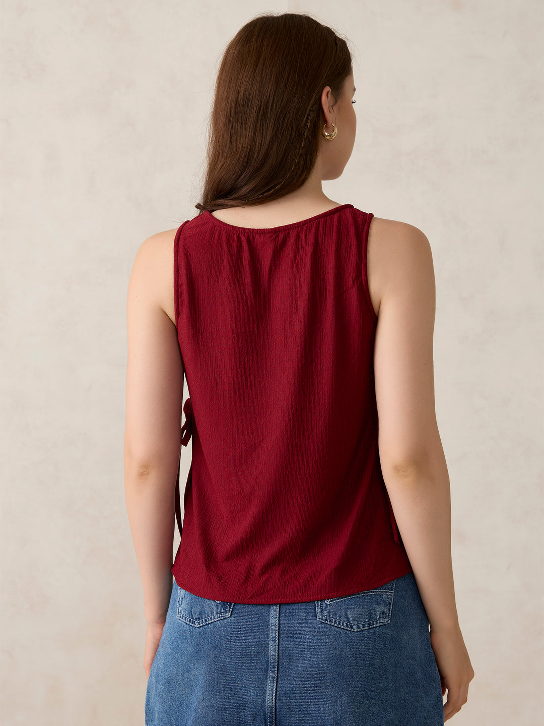 Red Boat Neck Side Tie Up Top