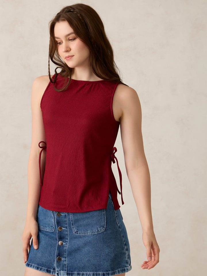 Red Boat Neck Side Tie Up Top