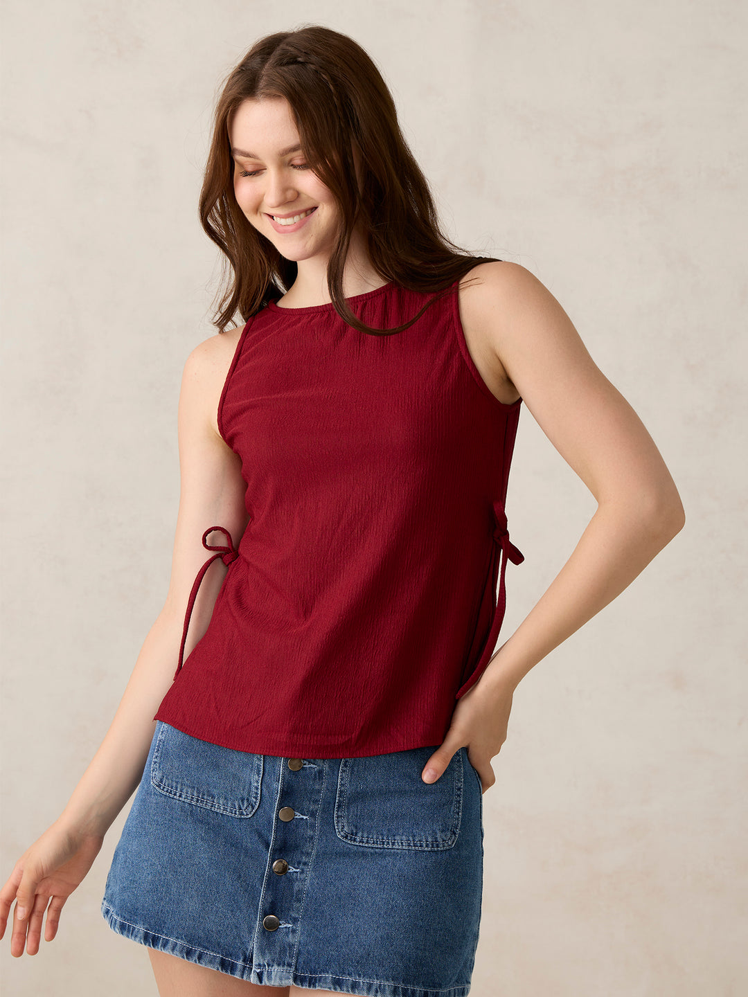 Red Boat Neck Side Tie Up Top