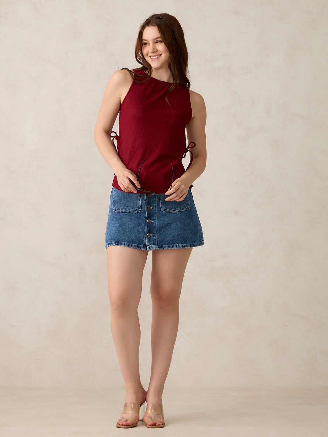 Red Boat Neck Side Tie Up Top