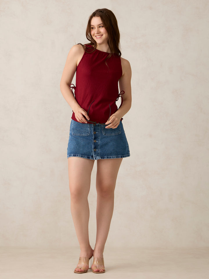 Red Boat Neck Side Tie Up Top