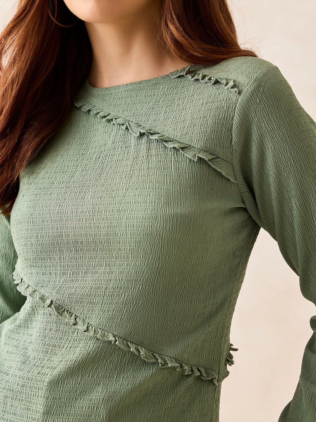 Green Textured Assymetric Hem Knit Top